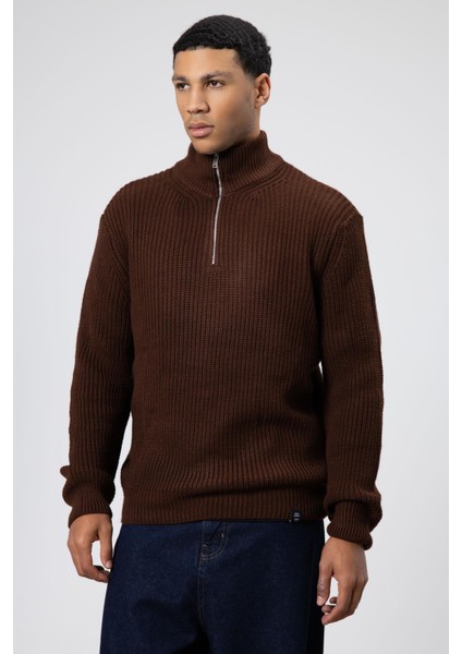 Fermuarlı Örme Triko Kazak Kahve modelleri