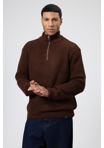 Fermuarlı Örme Triko Kazak Kahve fırsatları