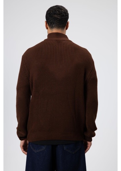 Fermuarlı Örme Triko Kazak Kahve indirimleri