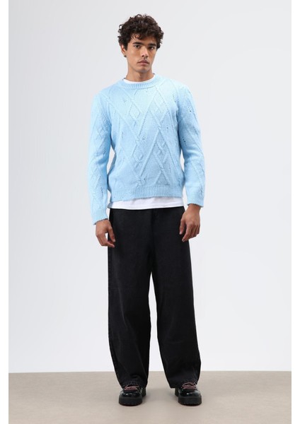 Oversize Desenli Triko Kazak Bebe Mavi