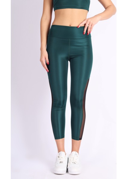 Siyah Polyester Paçası Tül Detaylı Yüksek Bel Tayt modelleri