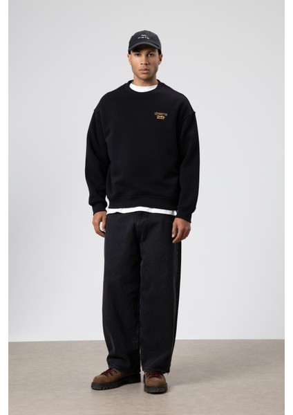 Oversize Bisiklet Yaka Baskılı Sweatshirt Siyah