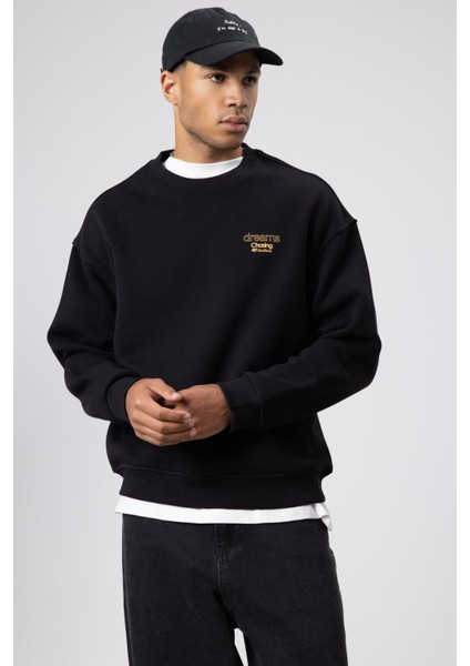 Oversize Bisiklet Yaka Baskılı Sweatshirt Siyah modelleri