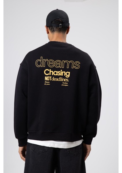 Oversize Bisiklet Yaka Baskılı Sweatshirt Siyah indirimleri