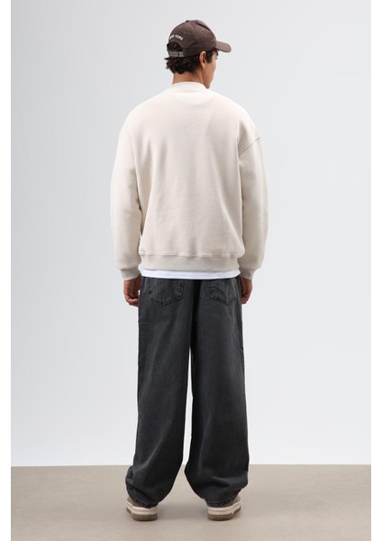 Oversize Bisiklet Yaka Baskılı Sweatshirt Taş