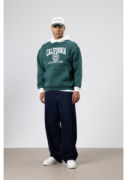 Çift Renk Baskılı Oversize Sweatshirt Nefti