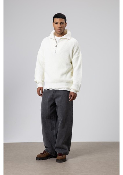 Yarım Fermuarlı Triko Kazak Ekru