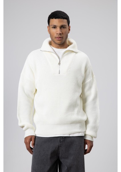 Yarım Fermuarlı Triko Kazak Ekru fiyatları