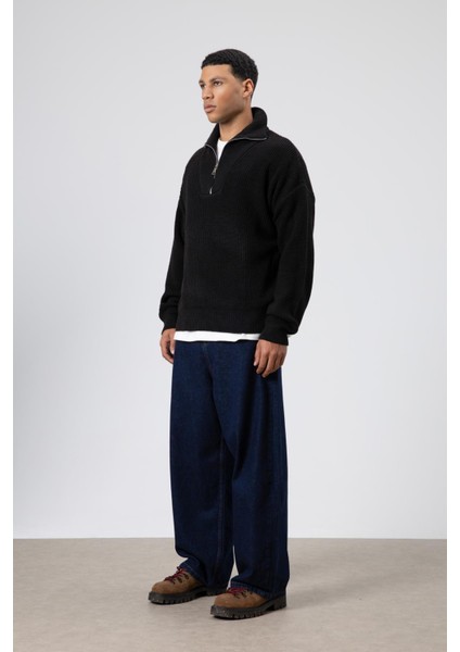 Yarım Fermuarlı Triko Kazak Siyah indirimleri