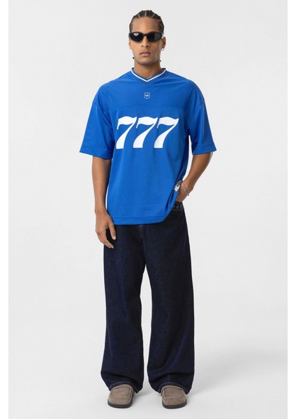 Oversize V Yaka Forma Tişört Saks