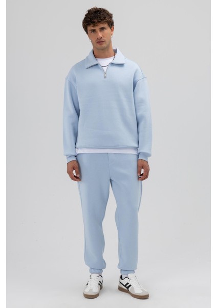 Oversize Fermuarlı Dik Yaka Sweatshirt Bebe Mavi