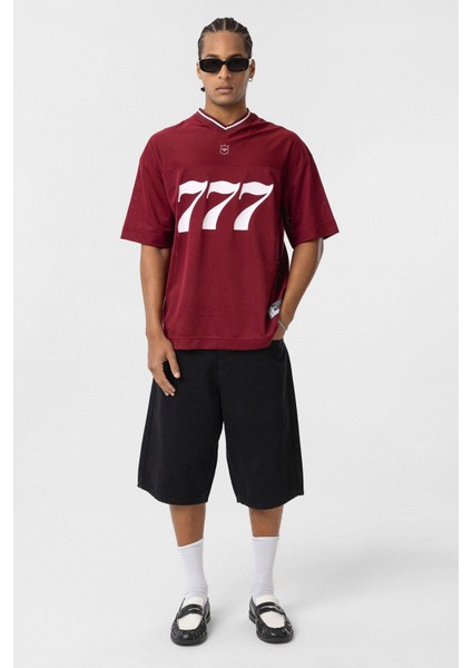 Oversize V Yaka Forma Tişört Bordo