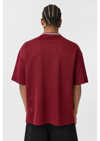 Oversize V Yaka Forma Tişört Bordo modelleri