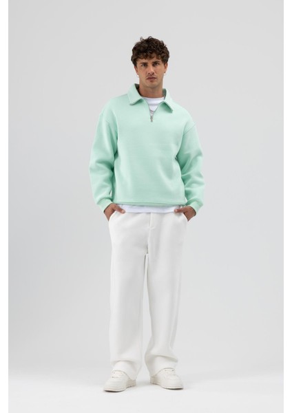 Oversize Fermuarlı Dik Yaka Sweatshirt Mint