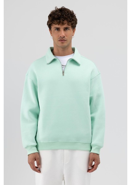 Oversize Fermuarlı Dik Yaka Sweatshirt Mint modelleri