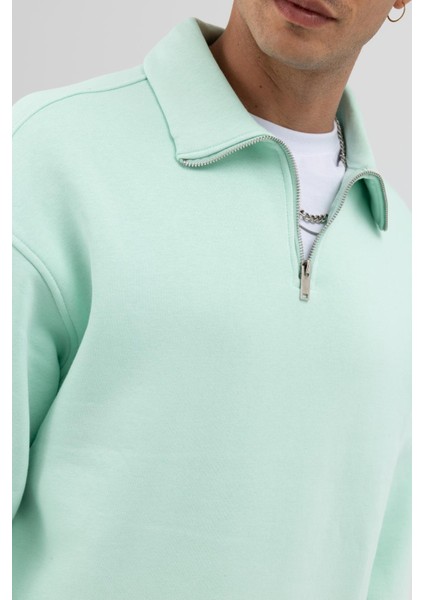 Oversize Fermuarlı Dik Yaka Sweatshirt Mint fırsatları