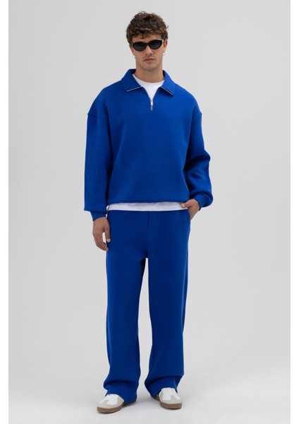 Oversize Fermuarlı Dik Yaka Sweatshirt Saks