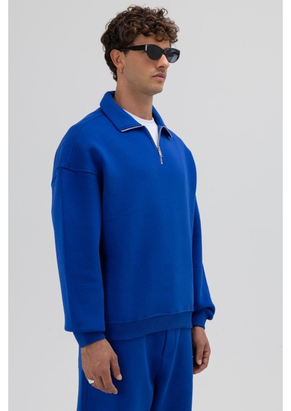 Oversize Fermuarlı Dik Yaka Sweatshirt Saks