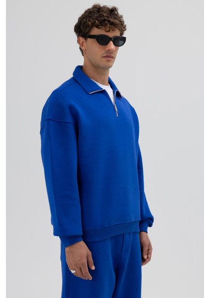 Oversize Fermuarlı Dik Yaka Sweatshirt Saks