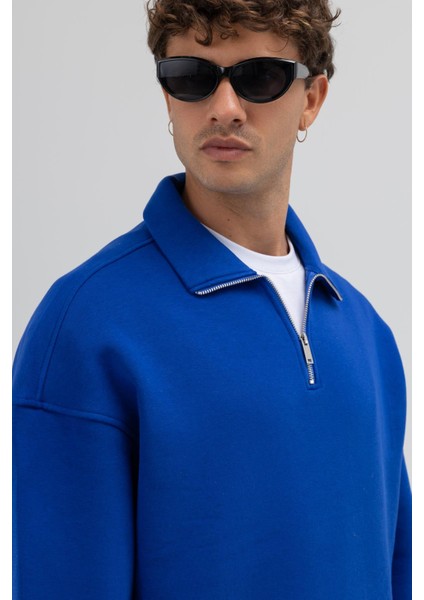 Oversize Fermuarlı Dik Yaka Sweatshirt Saks