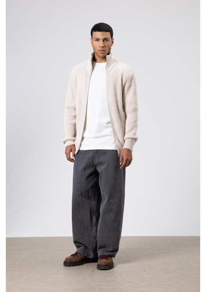 Oversize Fermuarlı Triko Hırka Açık Taş