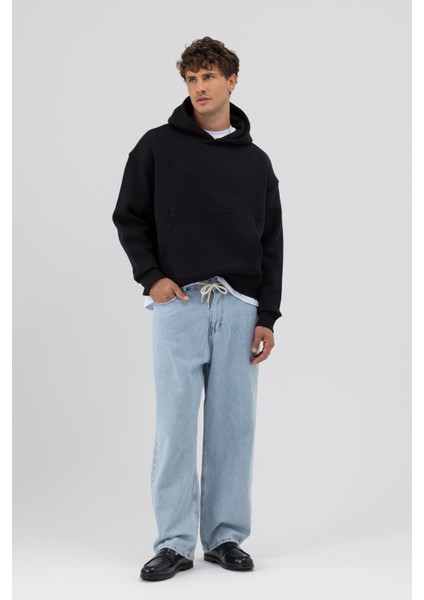 Basic Kapüşonlu Boxy Fit Sweatshirt Siyah