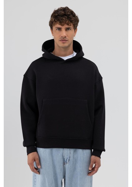 Basic Kapüşonlu Boxy Fit Sweatshirt Siyah modelleri