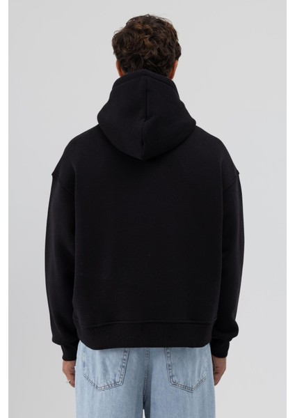 Basic Kapüşonlu Boxy Fit Sweatshirt Siyah