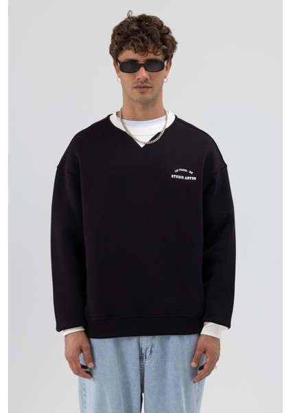 Oversize Bisiklet Yaka Baskılı Sweatshirt Siyah