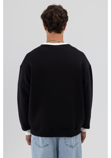 Oversize Bisiklet Yaka Baskılı Sweatshirt Siyah modelleri