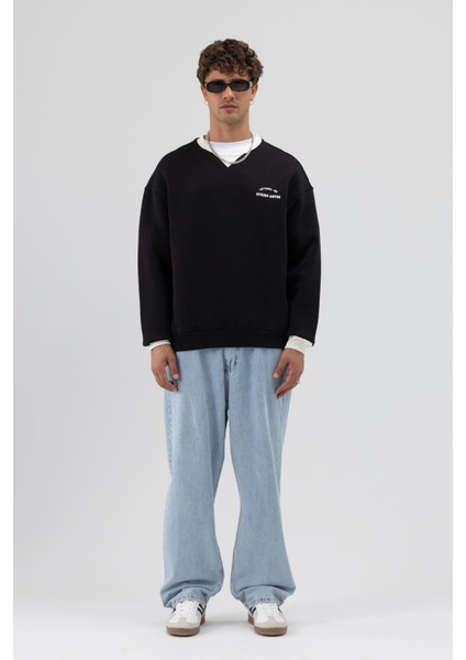 Oversize Bisiklet Yaka Baskılı Sweatshirt Siyah indirimleri