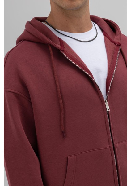 Basic Fermuarlı Oversize Kapüşonlu Sweatshirt Bordo fırsatları