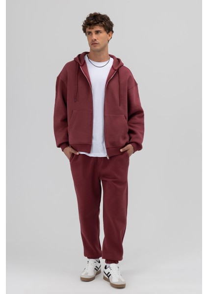 Basic Fermuarlı Oversize Kapüşonlu Sweatshirt Bordo