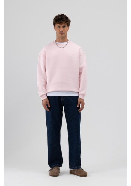 Basic Bisiklet Yaka Oversize Sweatshirt Pembe