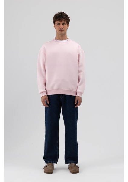Basic Bisiklet Yaka Oversize Sweatshirt Pembe modelleri