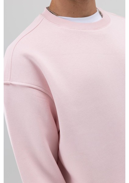 Basic Bisiklet Yaka Oversize Sweatshirt Pembe