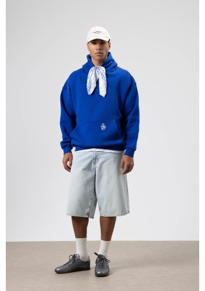 Oversize Fular Detaylı Kapüşonlu Sweatshirt Saks