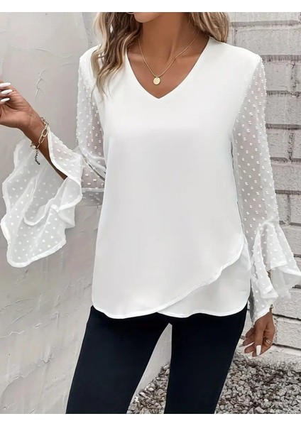 Kadın Uzun Kollu V Yakalı Kolları Ispanyol Detayı Sandy Bluz