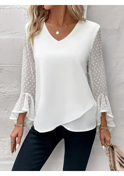 Kadın Uzun Kollu V Yakalı Kolları Ispanyol Detayı Sandy Bluz fırsatları