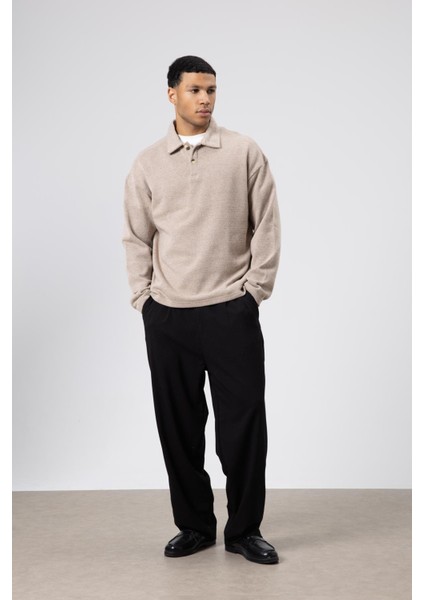 Oversize Polo Yaka Triko Kazak Vizon