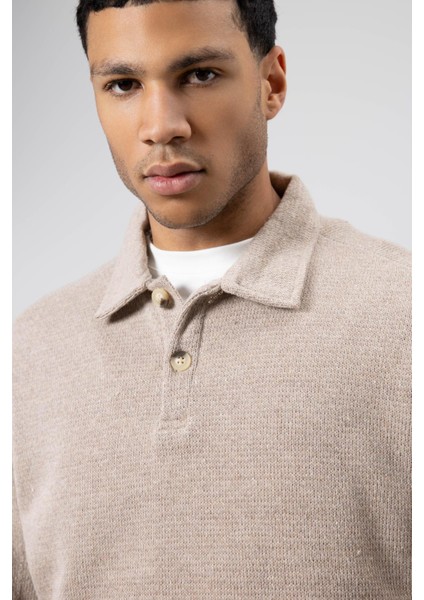 Oversize Polo Yaka Triko Kazak Vizon fırsatları