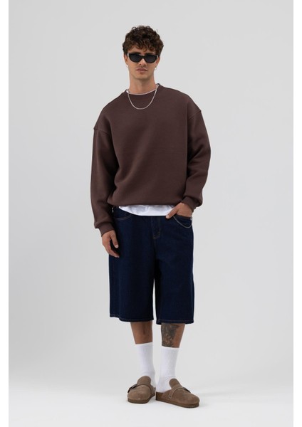 Basic Bisiklet Yaka Oversize Sweatshirt Kahve