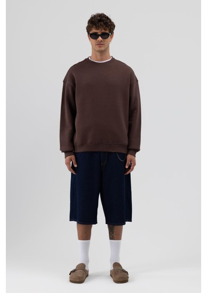 Basic Bisiklet Yaka Oversize Sweatshirt Kahve fiyatları