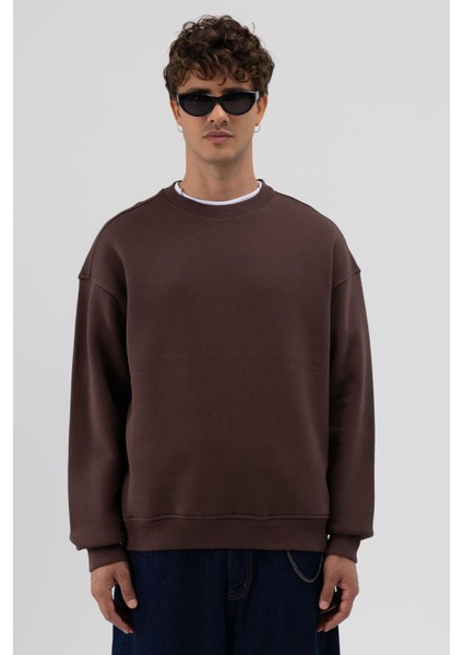 Basic Bisiklet Yaka Oversize Sweatshirt Kahve modelleri
