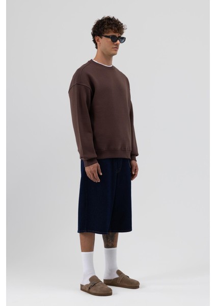 Basic Bisiklet Yaka Oversize Sweatshirt Kahve fırsatları