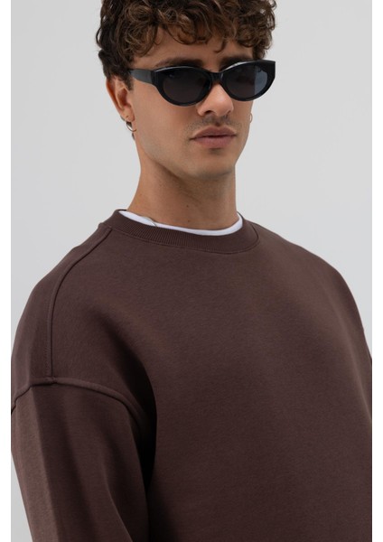 Basic Bisiklet Yaka Oversize Sweatshirt Kahve indirimleri