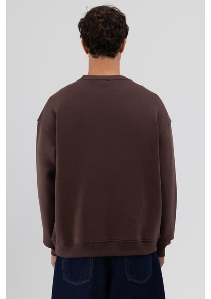Basic Bisiklet Yaka Oversize Sweatshirt Kahve