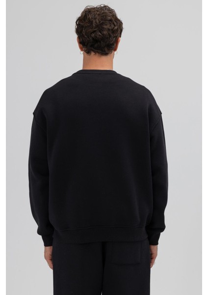 Basic Bisiklet Yaka Oversize Sweatshirt Siyah