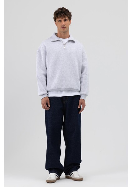 Oversize Fermuarlı Dik Yaka Sweatshirt Karmelanj