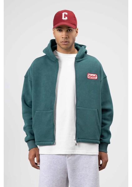 Oversize Fermuarlı Kapüşonlu Sweatshirt Nefti